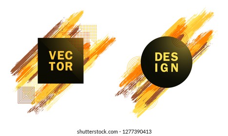 Halftone Square and Circle Frames with Paint Brush Strokes Vector Set. Party poster templates. Frames with bright painted brushstrokes. Templates for fashionable banners, party flyers, posters.