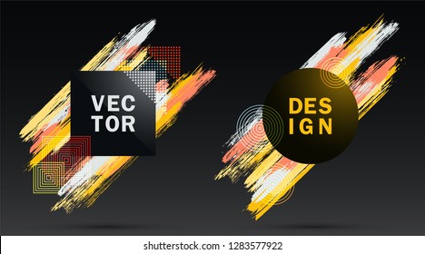 Halftone Square and Circle Frames with Paint Brush Strokes Vector Set. Party poster templates. Frames with vivid painted brushstrokes. Templates for fashionable party flyers, posters.