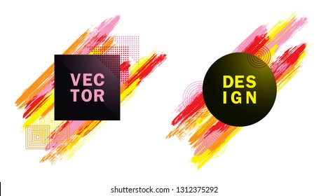 Halftone Square and Circle Frames with Paint Brush Strokes Vector Set. Party poster templates. Frames with colorful painted brushstrokes. Templates for fashionable banners, party flyers, posters.