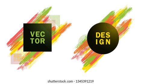 Halftone Square and Circle Frames with Paint Brush Strokes Vector Set. Party poster templates. Frames with trendy painted brushstrokes. Templates for fashionable party flyers, posters.