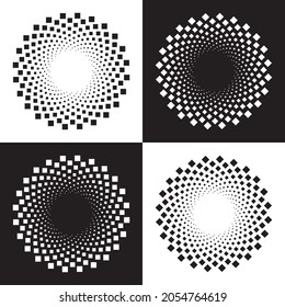 Conjunto de logotipo circular con puntos. Puntos concéntricos circulares aislados en el fondo blanco. El círculo semitoneado tiene textura, objeto, fondo, patrón. Elemento de diseño de vectores.