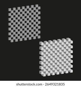 Meio-tom quadrado duo. Blocos de pixels pontilhados. Vetor de ilusão óptica. Emblema negativo preto.