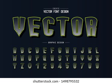 Halftone square font and cartoon alphabet vector, Digital tall typeface letter and number design, Graphic text on background