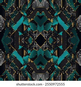 Cuadrados de semitono geométrico moderno abstracto pixel art mosaico Deco patrón sin fisuras. Vector bordado estilo medio tono pixelado adornos. Fondo de tapiz texturizado colorido. Textura grunge sin fin.