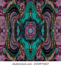 Halftone squares ornamental modern abstract pixel art mosaic seamless pattern. Vector embroidery style half tone pixelated ornaments. Colorful textured tapestry background. Endless grunge texture.
