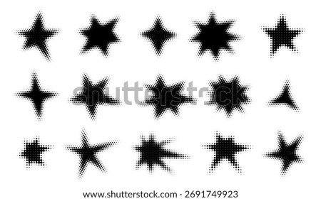 Halftone star and burst shapes. Dotted pop art explosion and sunburst vector set with retro comic effect