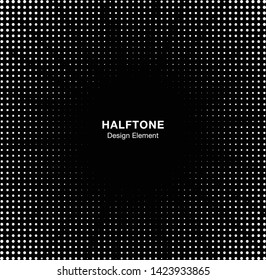 Halftone star circle frame background. Black white circular border using halftone dots texture. Boom backdrop. Explosion design element. Vector illustration.