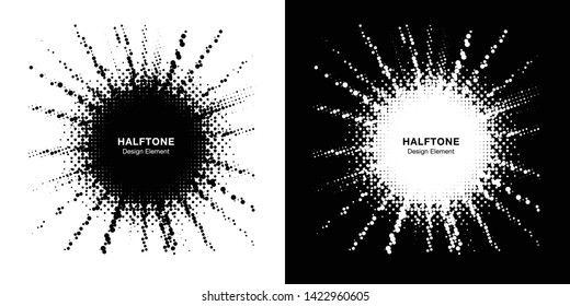 Halftone star frame set. Grunge spot border using halftone circle dots raster texture. Sale design element. Boom shape.  Explosion template. Vector illustration.