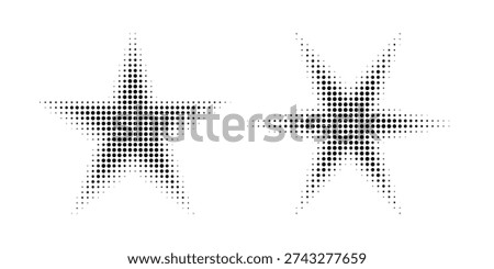 Halftone Star Shape Dot Pattern Texture Set. Black Dot Pattern Stars Isolated on White Background for Rating, Review, Award, Badge, Feedback and Pop Art Design. Vector illustration