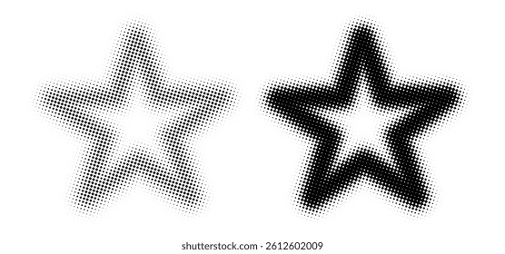 Halftone Star Shapes in Black and White. Retro Pop Art Style with Comic-Inspired Dot Pattern. Bold Graphic Element for Print and Digital Design. Vector Illustration.