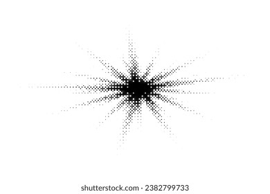 Halftone starburst with monochrome rays and circle dot pattern. Pop art or comic style sun or explosion. Vector comic or manga illustration