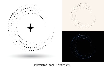 Estrellas de semitono en forma de círculo. Logo redondo o icono. Marco vectorial como elemento de diseño. En el centro está el elemento repetido.