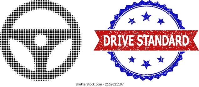 Halftone steering wheel icon, and bicolor dirty Drive Standard watermark. Halftone steering wheel icon is constructed with small round items. Vector watermark with retro bicolored style,