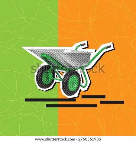 Halftone sticker of garden wheelbarrow with textured dot shading. Memphis style aesthetic collage, retro creative design