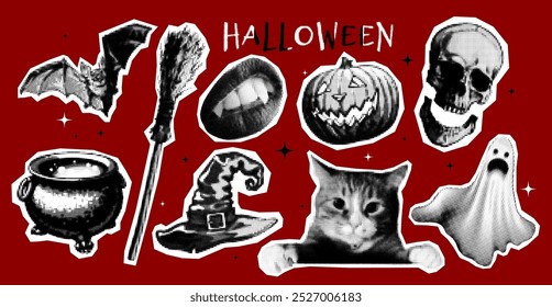 Halftone sticker Halloween vector of a spooky cat, pumpkin, bat, and skeleton. Art set with ghosts, witches, and a vampire for party atmosphere.