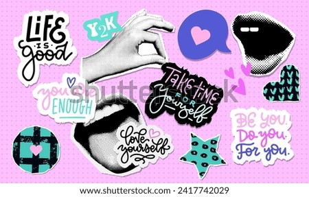 Halftone stickers set with self Love collage elements. Mouth and hands torn out papers. Modern art collage with human body parts with motivational lettering quote. Trendy vector design in Y2K style