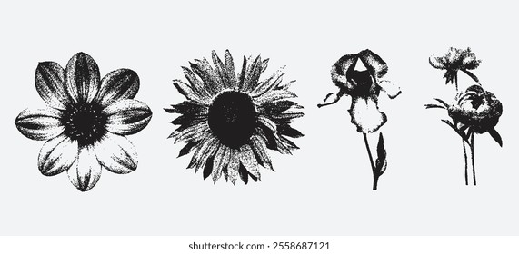Halftone stipple effect with flowers  with retro photocopy stipple effect, for grunge punk y2k collage design. Vector illustration
