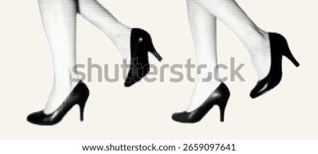 Halftone Stipple Effect Illustration of Elegant High Heels and Female Legs in Retro Aesthetic