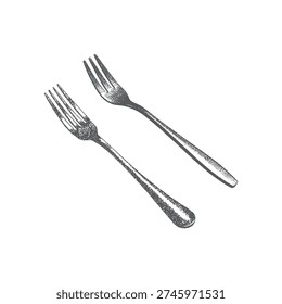 Halftone stipple effect on a Fork for a grunge punk Y2K collage design, two dining fork in grunge style.