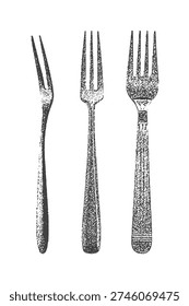 Halftone stipple effect on a Fork for a grunge punk Y2K collage design, three dining fork in grunge style.
