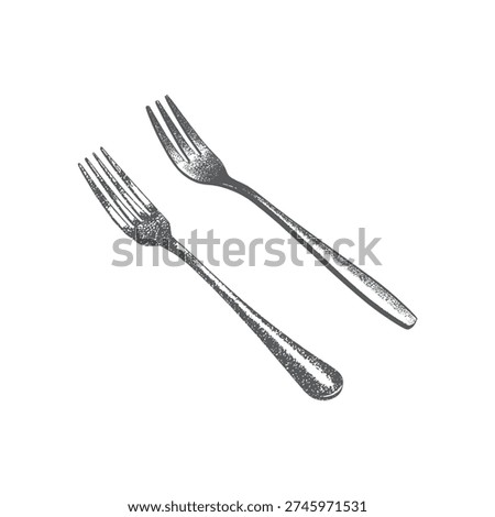 Halftone stipple effect on a Fork for a grunge punk Y2K collage design, two dining fork in grunge style.