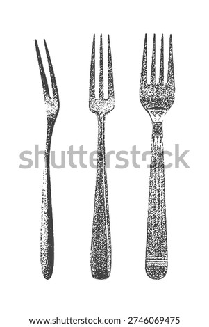 Halftone stipple effect on a Fork for a grunge punk Y2K collage design, three dining fork in grunge style.