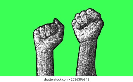 Halftone Stippling Fists on green background. Illustration for Eco Activism
