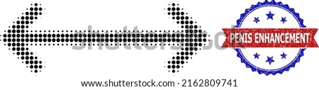 Halftone stretch arrows icon, and bicolor scratched Penis Enhancement seal. Halftone stretch arrows icon is designed with small circle items. Vector seal with unclean bicolored style,