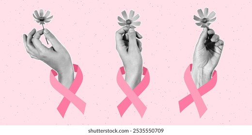 Anuncio de estilo semitono, mes de concienciación sobre el cáncer de mama. Elementos cortados de papel, manos sosteniendo flores. Cinta rosa, concepto de esperanza.