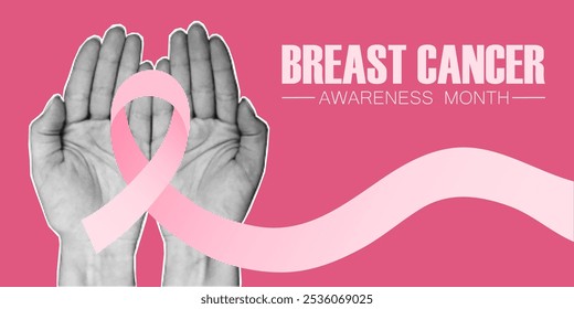 Banner estilo meio-tom, mês de consciência do câncer de mama. Mãos de recorte de papel segurando fita rosa. Colagem de mídia mista, saúde da mulher.