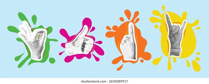 Halftone style hand gestures on bright paint blots