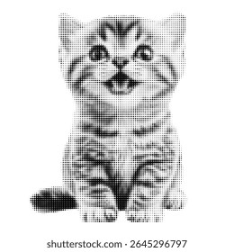Ilustração de estilo de meio-tom de um gatinho sentado bonito com olhos expressivos, preto e branco retro desenho de arte cômica perfeito para impressões vintage, arte pop, tatuagem, ou projetos gráficos