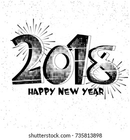 Halftone-Stil Text 2018 mit brennendem Feuerwerk, Schwarz-Weiß-Illustration für Happy New Year.