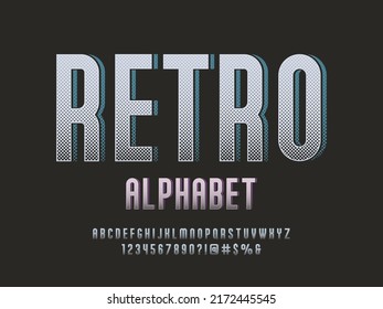 halftone styled alphabet design with uppercase, numbers and symbols