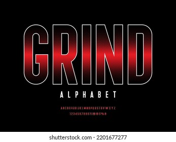 halftone styled alphabet design with uppercase, numbers and symbols