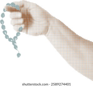 A halftone styled hand in sepia tones holds prayer beads, symbolizing spirituality, meditation, faith, devotion, mindfulness, and sacred reflection. Vector illustration