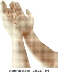 A halftone styled illustration of hands raised in dua, symbolizing prayer, spirituality, faith, devotion, hope, and sacred connection. Vector illustration