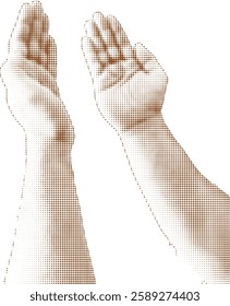 A halftone styled illustration of hands raised in dua, symbolizing prayer, spirituality, faith, devotion, hope, and sacred connection. Vector illustration