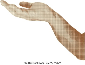 A halftone styled open hand in sepia tones symbolizes giving, support, spirituality, and minimalism with a vintage artistic touch. Vector illustration