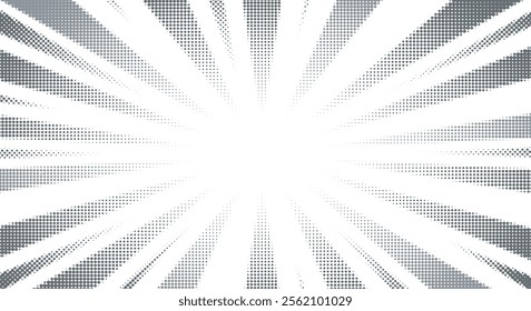 Halftone sun rays pattern. Pop art comic dots background vector illustration