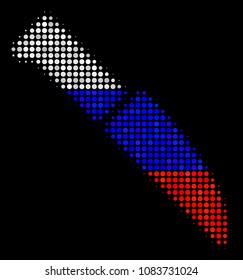 Halftone Surgery Knife icon colored in Russia state flag colors on a dark background. Vector concept of surgery knife icon organized of round dots.