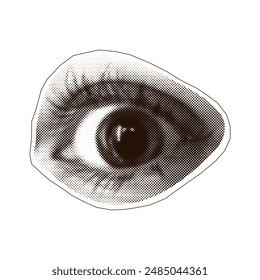 Ojo femenino sorprendido de semitono con contorno de papel rasgado. Textura de semitono del ojo para el collage moderno. Estilo grunge de moda. Ojo Abstractas para el diseño de afiches, medios sociales. Vector