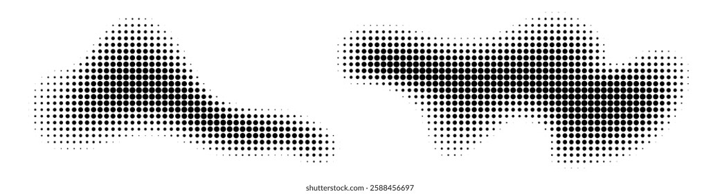 Halftone swirl, dot pattern organic amorphous shapes. Monochrome gradient texture, abstract modern trendy design element on white background isolated. Vector illustration