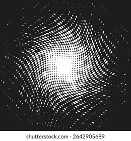 Halftone swirl vector. Dotted vortex shape. Abstract black white. Twisted wave pattern.