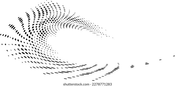Halftone swirling frame with a glitch or shift of volumetric dots, strokes and bubbles. Top left - crest, right - elongated proboscis. Vector.
