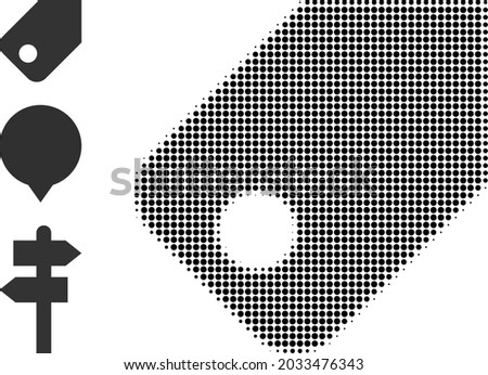 Halftone tag. Dotted tag made with small circle elements. Vector illustration of tag icon on a white background. Halftone pattern contains circle elements.
