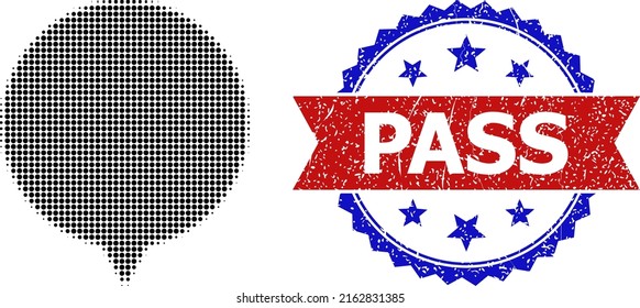 Halftone Tag Symbol und Bicolor Grunge Pass Siegel Stempel. Halftone Tag Symbol wird mit kleinen sphärischen Pixel generiert. Vektorgrafik mit farbigem Grunge-Bicolor-Stil,