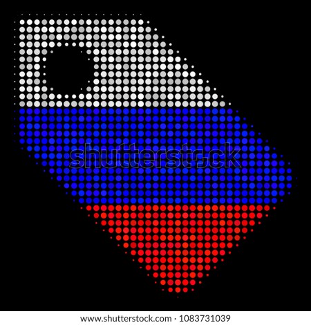 Halftone Tag icon colored in Russian official flag colors on a dark background. Vector concept of tag icon constructed from circle items. Designed for political and Russian patriotic projects.