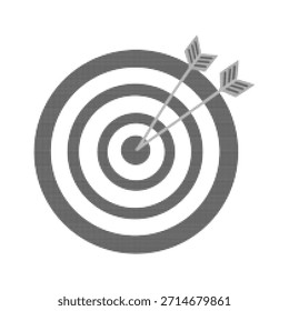 Halftone target with arrow hitting the center. Minimal dotted monochrome illustration symbolizing goal, accuracy, success, achievement, and business strategy concept on white background.