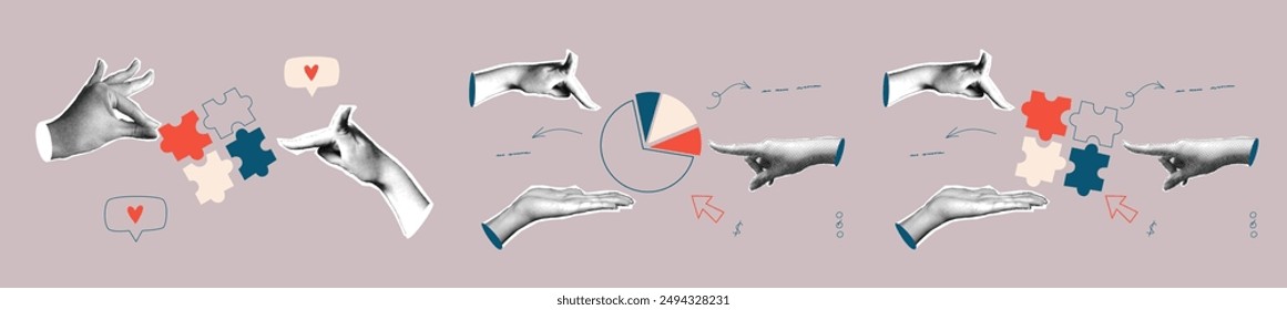 Halftone teamwork concept set. Team collage with halftone hand and puzzle. Analytic and work together people background. Vector illustration